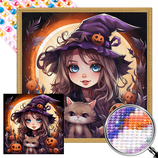 Halloween Cat Lady - Full Round AB Drill Diamond Painting 40*40CM