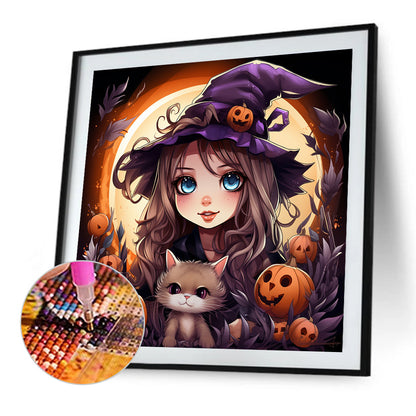 Halloween Cat Lady - Full Round AB Drill Diamond Painting 40*40CM