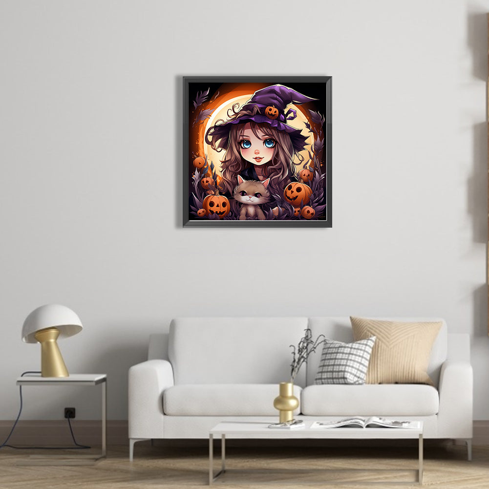 Halloween Cat Lady - Full Round AB Drill Diamond Painting 40*40CM