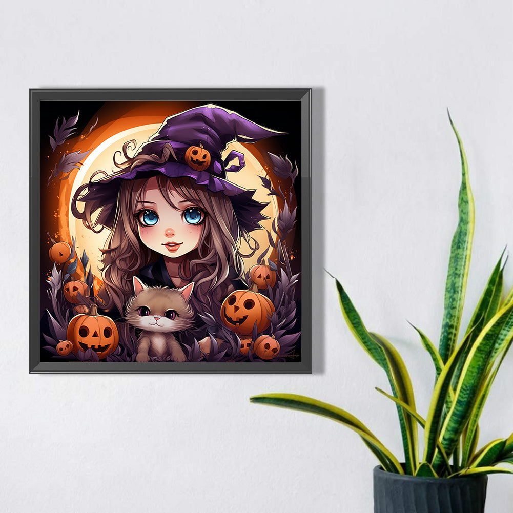 Halloween Cat Lady - Full Round AB Drill Diamond Painting 40*40CM