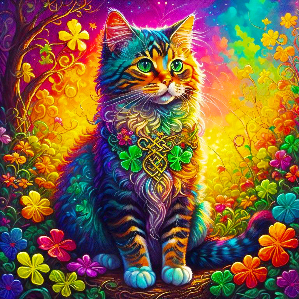 Colorful Four Leaf Clover Cat - Full Round Drill Diamond Painting 40*40CM