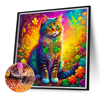 Colorful Four Leaf Clover Cat - Full Round Drill Diamond Painting 40*40CM