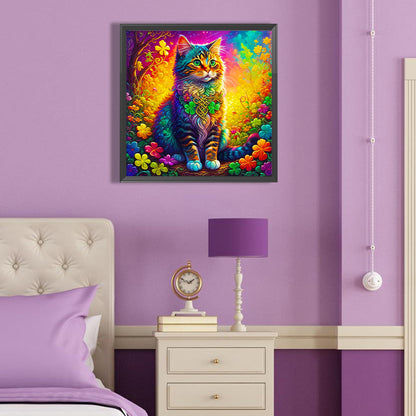 Colorful Four Leaf Clover Cat - Full Round Drill Diamond Painting 40*40CM