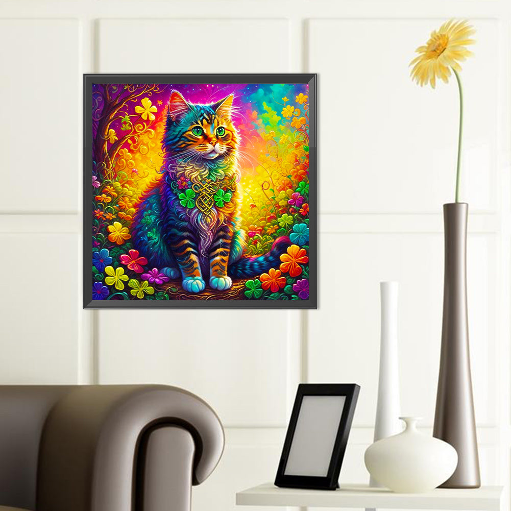 Colorful Four Leaf Clover Cat - Full Round Drill Diamond Painting 40*40CM