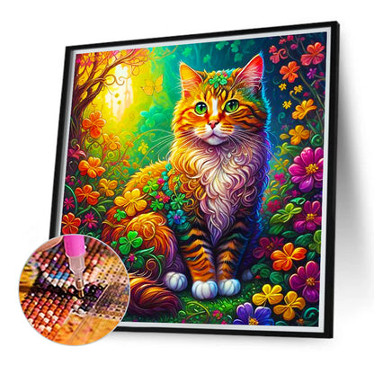 Cat Among Colorful Four-Leaf Clovers - Full Round Drill Diamond Painting 40*40CM