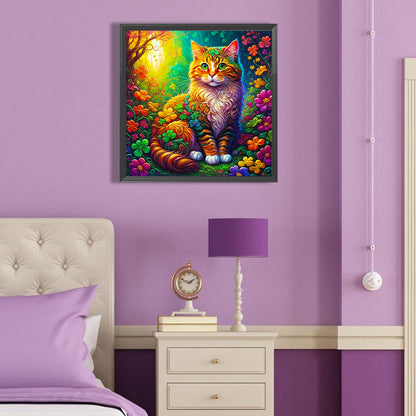 Cat Among Colorful Four-Leaf Clovers - Full Round Drill Diamond Painting 40*40CM