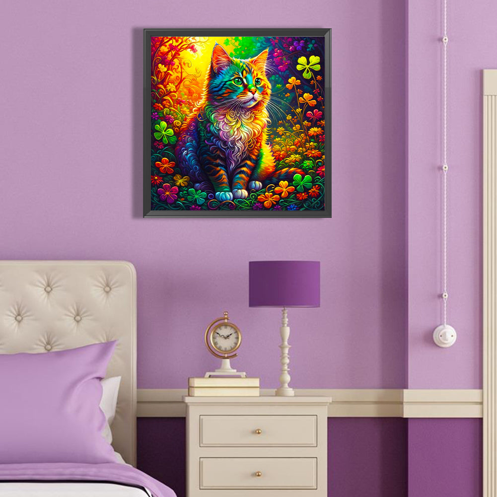 Colorful Cat Sitting Among Four-Leaf Clovers - Full Round Drill Diamond Painting 40*40CM