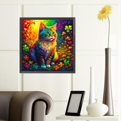 Colorful Cat Sitting Among Four-Leaf Clovers - Full Round Drill Diamond Painting 40*40CM