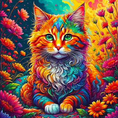 Cat Among Colorful Flowers - Full Round Drill Diamond Painting 40*40CM