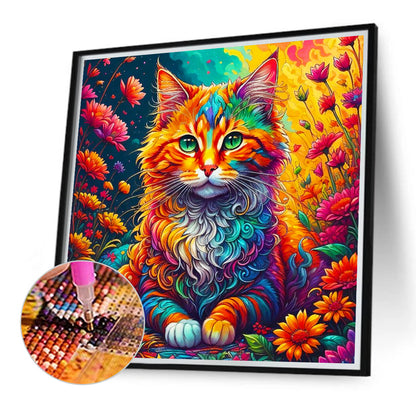 Cat Among Colorful Flowers - Full Round Drill Diamond Painting 40*40CM