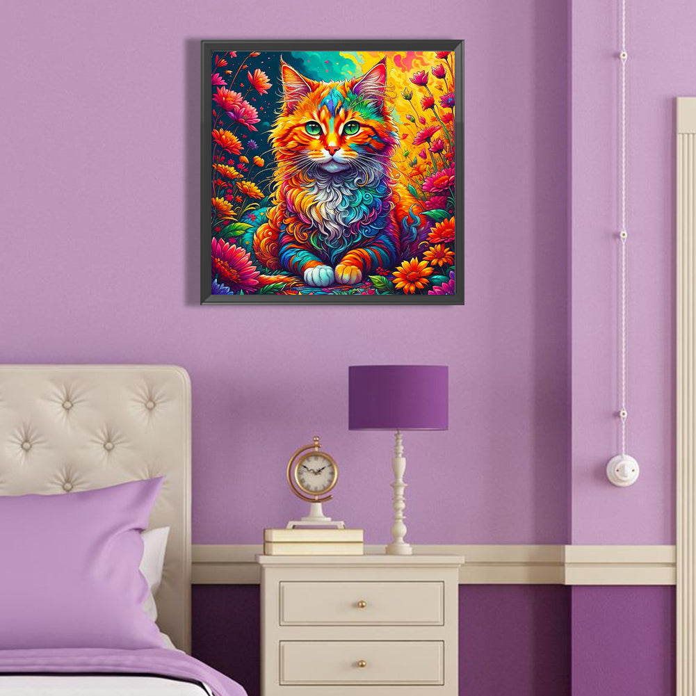 Cat Among Colorful Flowers - Full Round Drill Diamond Painting 40*40CM