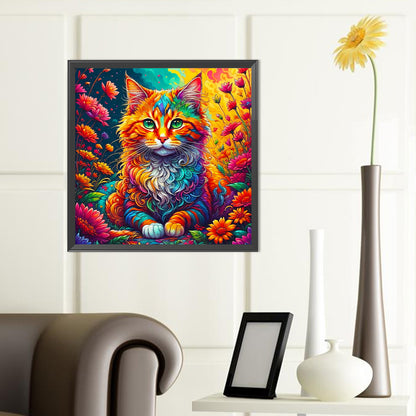 Cat Among Colorful Flowers - Full Round Drill Diamond Painting 40*40CM