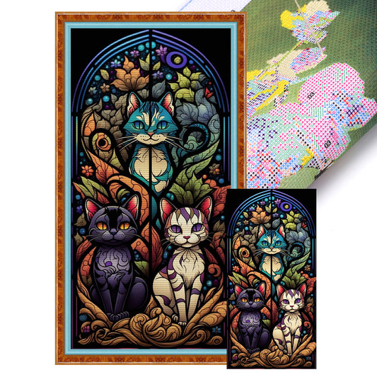 Glass Painting-Cat - 11CT Stamped Cross Stitch 35*70CM