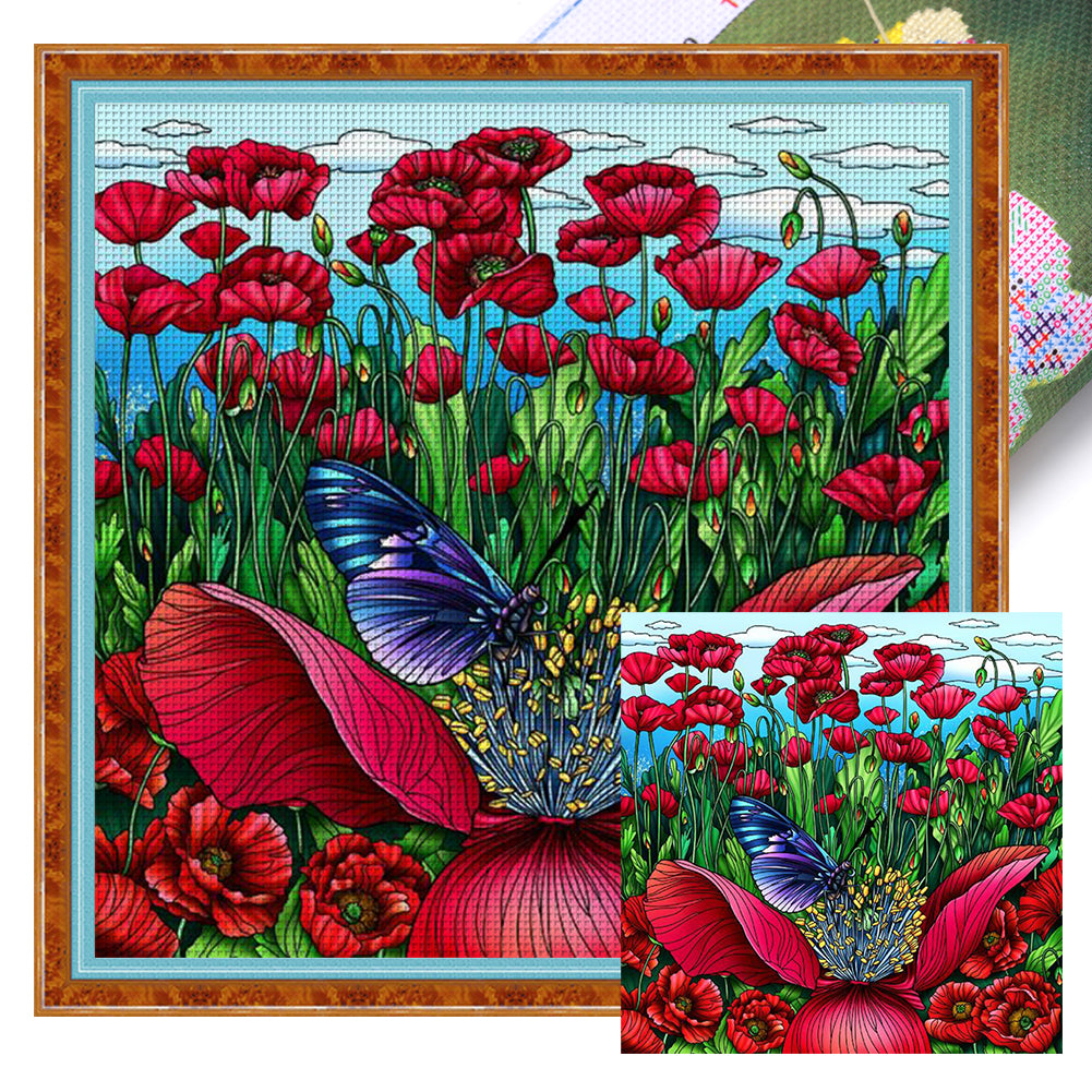 Glass Painting-Poppy Flower - 14CT Stamped Cross Stitch 50*50CM