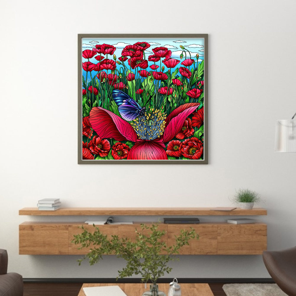 Glass Painting-Poppy Flower - 14CT Stamped Cross Stitch 50*50CM