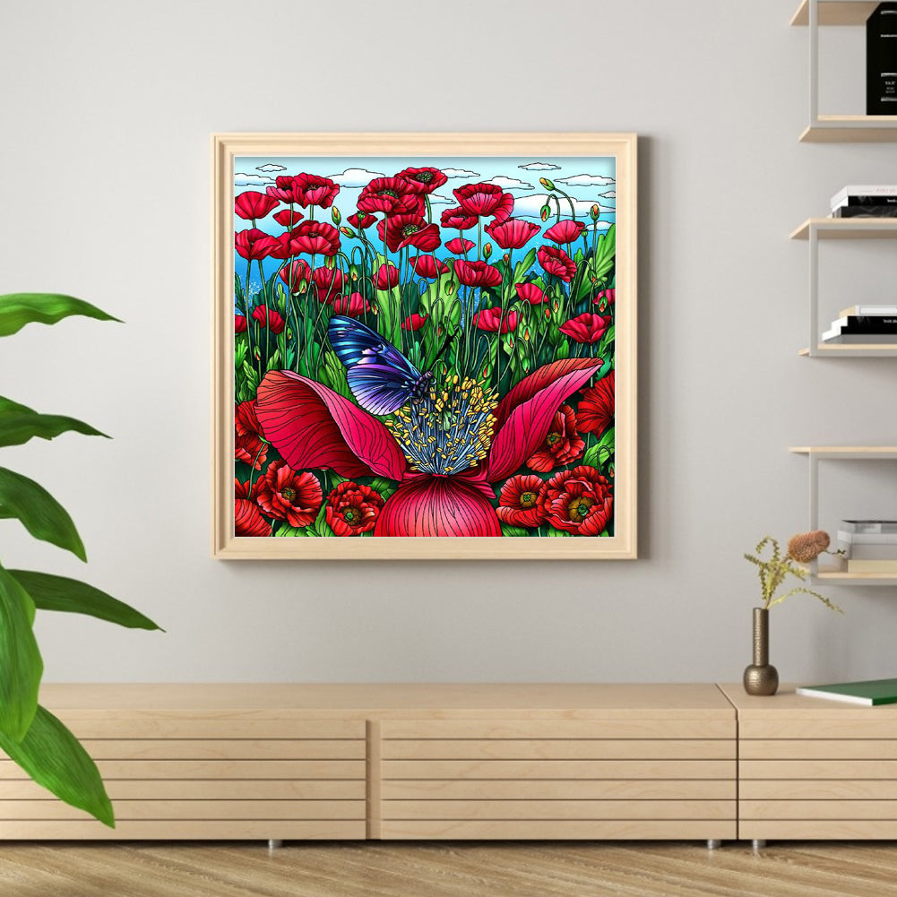 Glass Painting-Poppy Flower - 14CT Stamped Cross Stitch 50*50CM