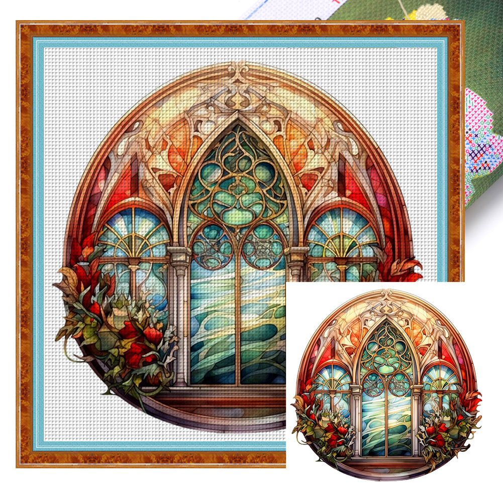 Glass Painting-Christmas Elements - 14CT Stamped Cross Stitch 40*40CM