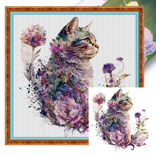 Flowers And Cat - 16CT Stamped Cross Stitch 40*40CM