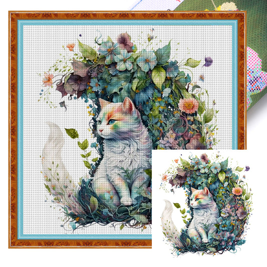 Flowers And Cat - 16CT Stamped Cross Stitch 40*40CM