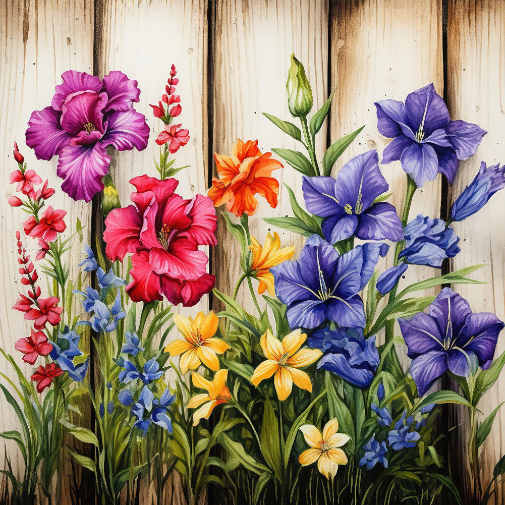 Flowers In Wooden Fence - Full Round Drill Diamond Painting 40*40CM
