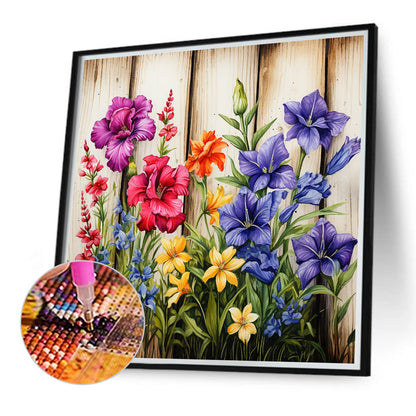 Flowers In Wooden Fence - Full Round Drill Diamond Painting 40*40CM