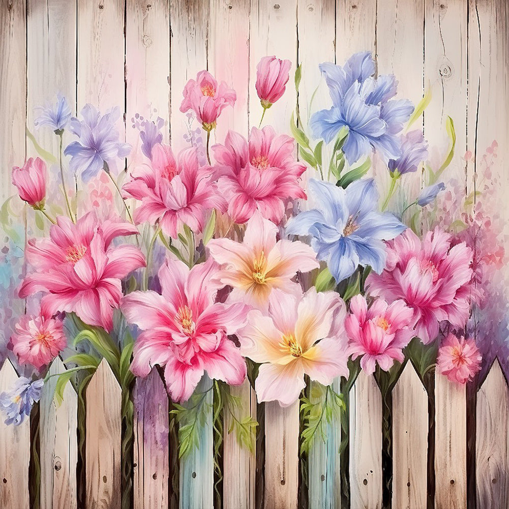 Flowers In Wooden Fence - Full Round Drill Diamond Painting 40*40CM