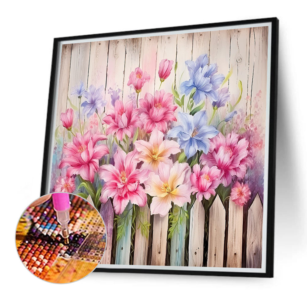Flowers In Wooden Fence - Full Round Drill Diamond Painting 40*40CM