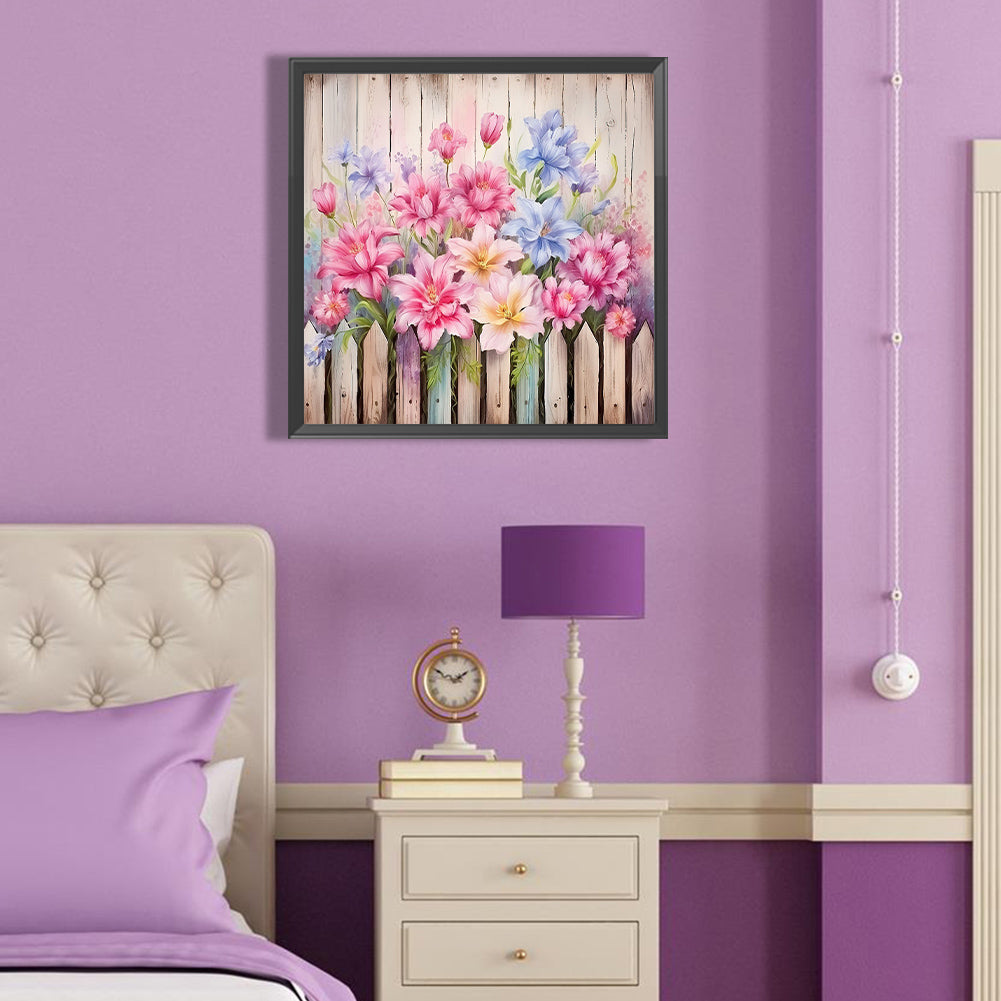 Flowers In Wooden Fence - Full Round Drill Diamond Painting 40*40CM