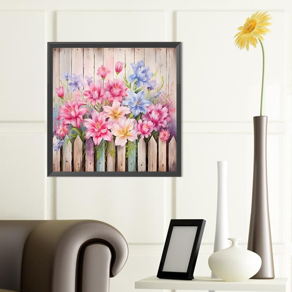 Flowers In Wooden Fence - Full Round Drill Diamond Painting 40*40CM