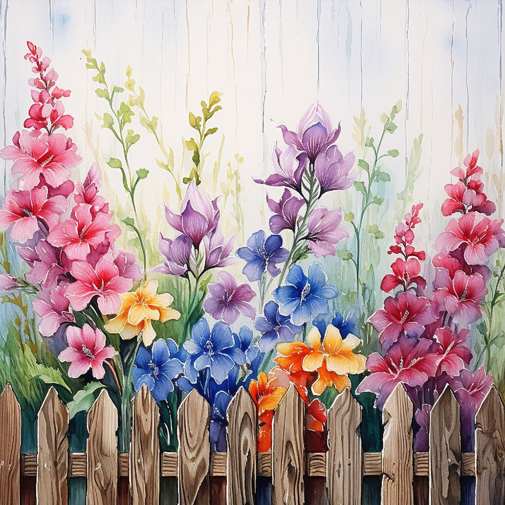 Flowers In Wooden Fence - Full Round Drill Diamond Painting 40*40CM