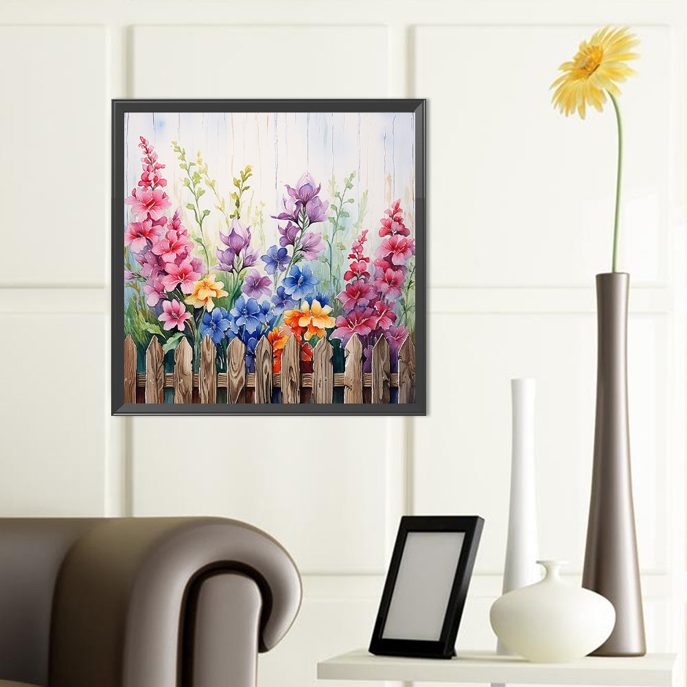 Flowers In Wooden Fence - Full Round Drill Diamond Painting 40*40CM