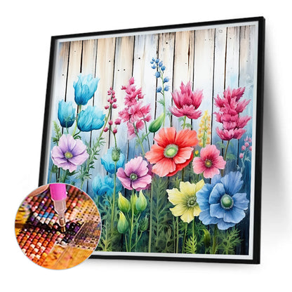 Flowers In Wooden Fence - Full Round Drill Diamond Painting 40*40CM