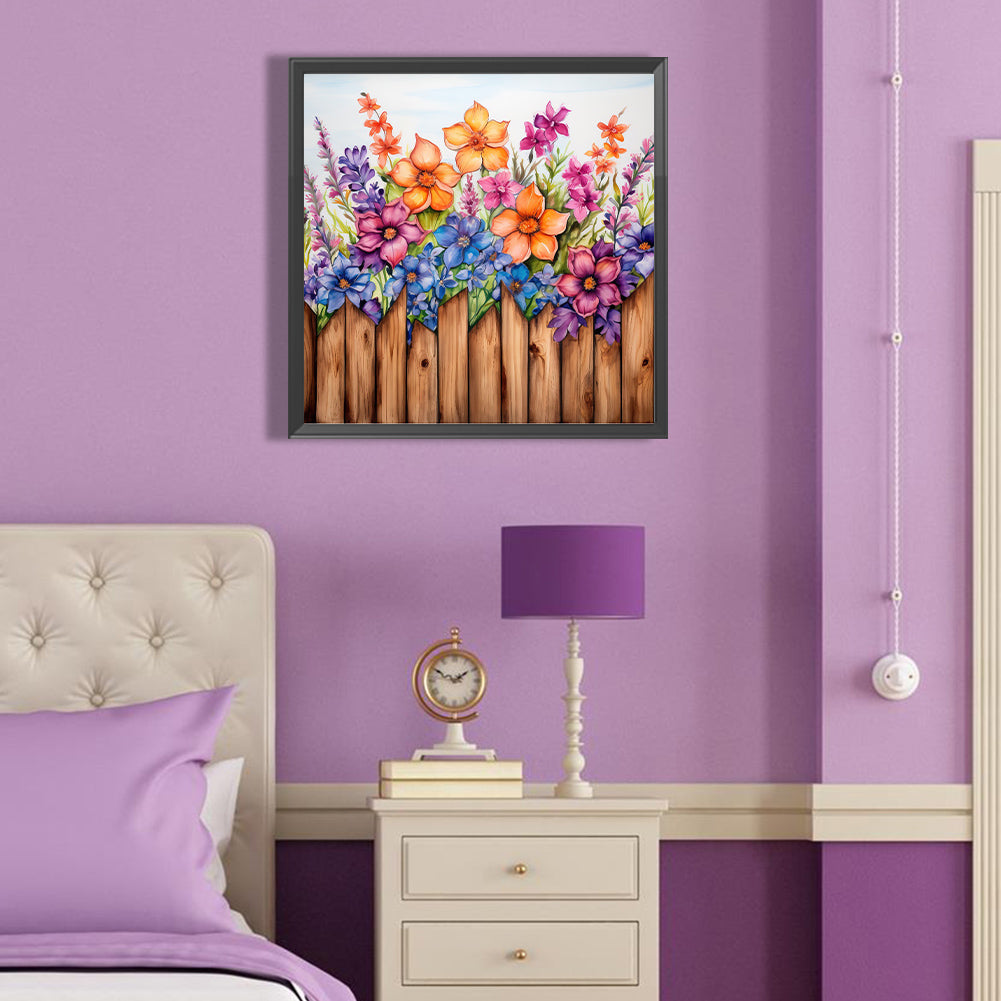 Flowers In Wooden Fence - Full Round Drill Diamond Painting 40*40CM
