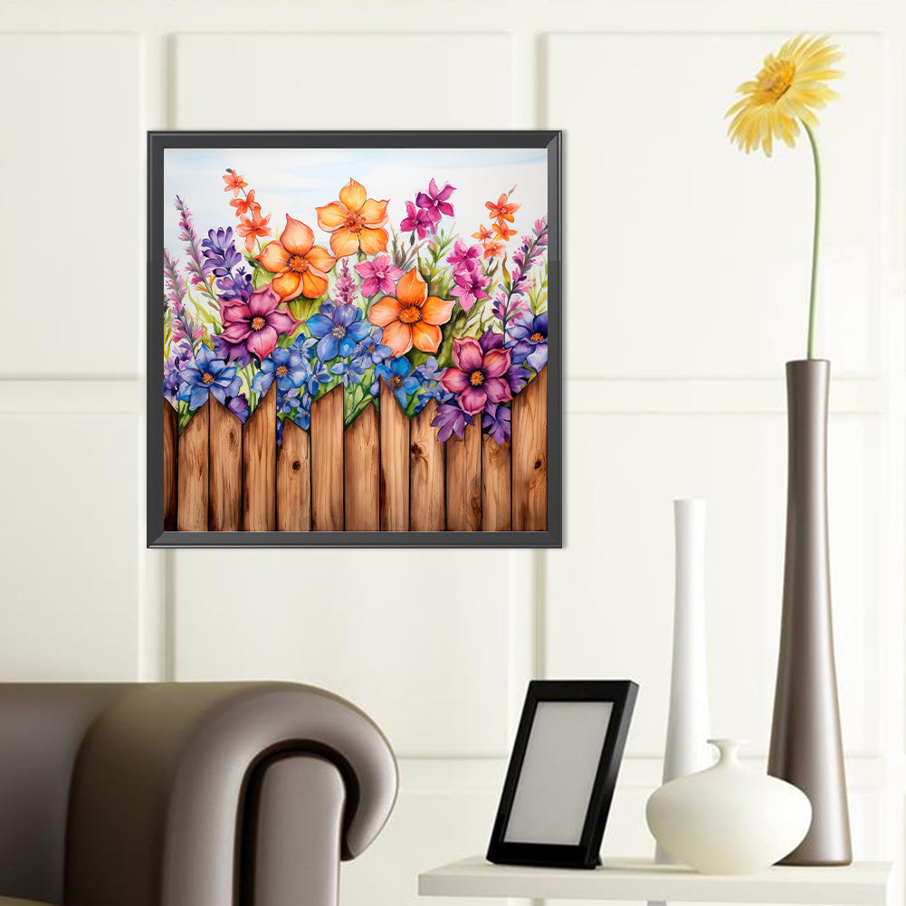 Flowers In Wooden Fence - Full Round Drill Diamond Painting 40*40CM
