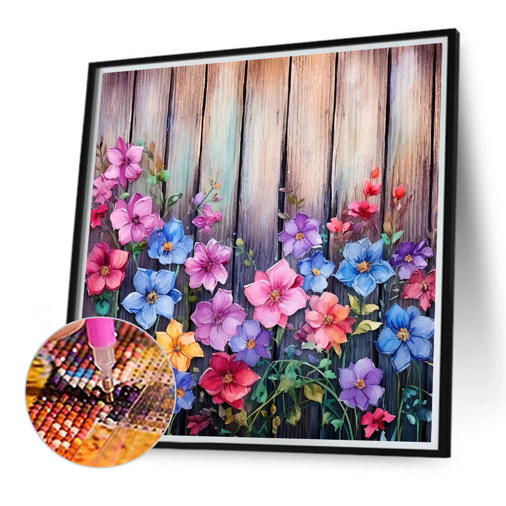 Flowers In Wooden Fence - Full Round Drill Diamond Painting 40*40CM