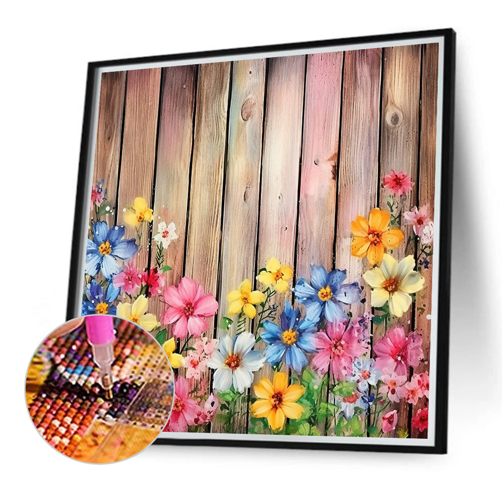 Flowers In Wooden Fence - Full Round Drill Diamond Painting 40*40CM