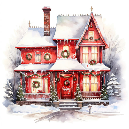 Christmas Red House In The Snow - Full Round Drill Diamond Painting 40*40CM