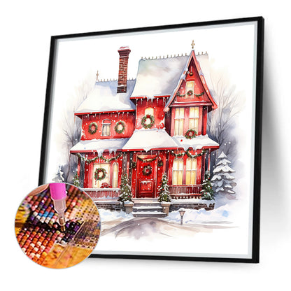 Christmas Red House In The Snow - Full Round Drill Diamond Painting 40*40CM