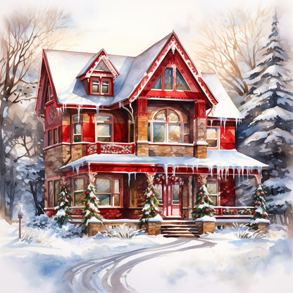 Christmas Red House In The Snow - Full Round Drill Diamond Painting 40*40CM