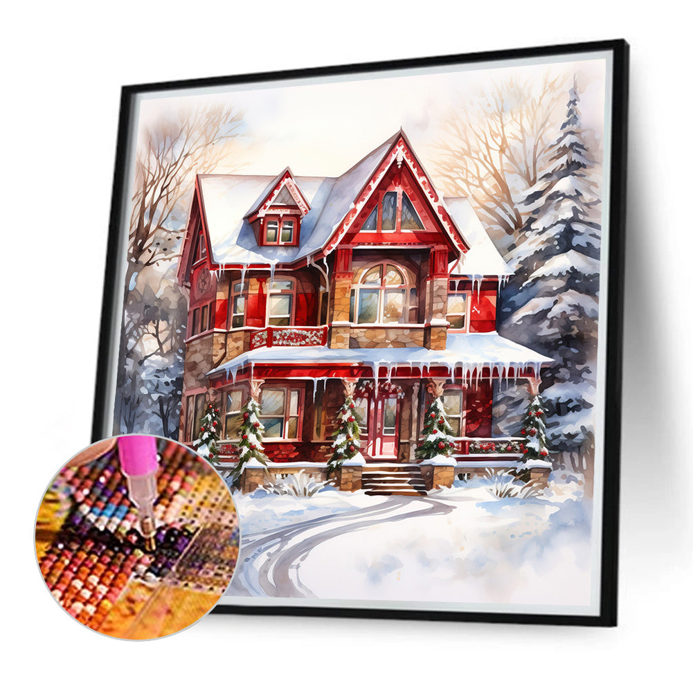 Christmas Red House In The Snow - Full Round Drill Diamond Painting 40*40CM