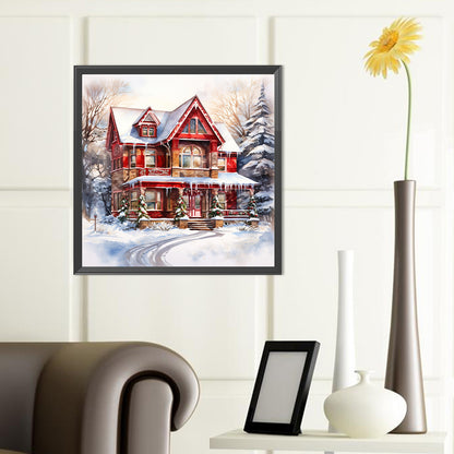 Christmas Red House In The Snow - Full Round Drill Diamond Painting 40*40CM