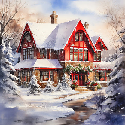 Christmas Red House In The Snow - Full Round Drill Diamond Painting 40*40CM