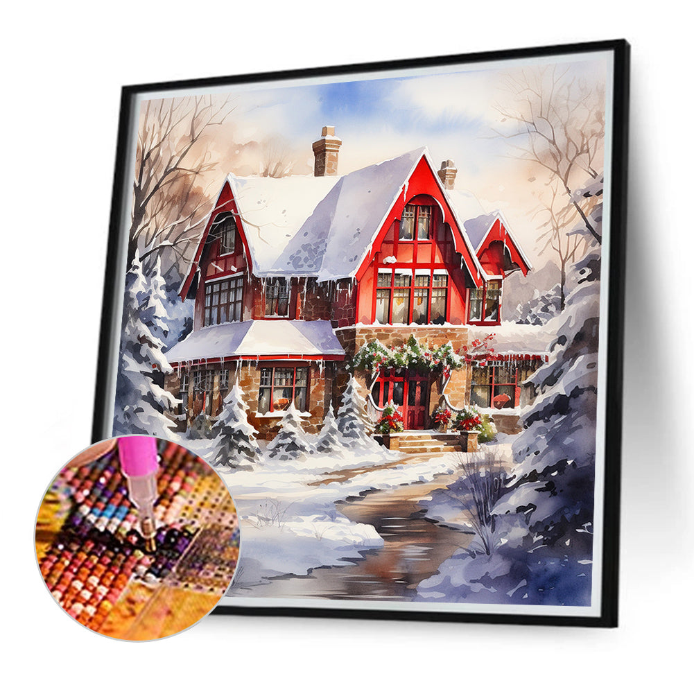 Christmas Red House In The Snow - Full Round Drill Diamond Painting 40*40CM