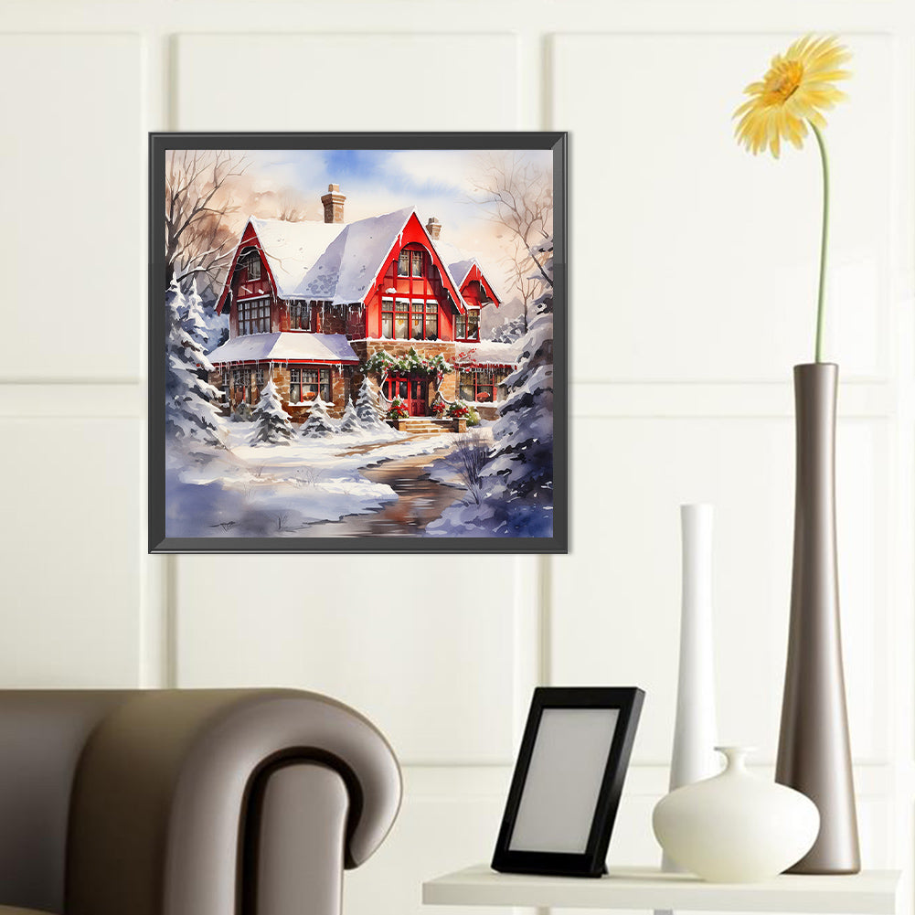 Christmas Red House In The Snow - Full Round Drill Diamond Painting 40*40CM