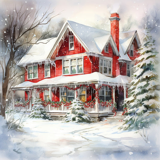 Christmas Red House In The Snow - Full Round Drill Diamond Painting 40*40CM