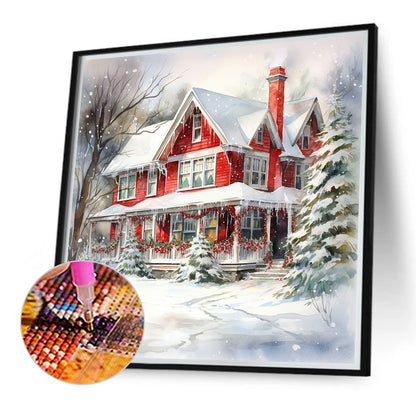 Christmas Red House In The Snow - Full Round Drill Diamond Painting 40*40CM