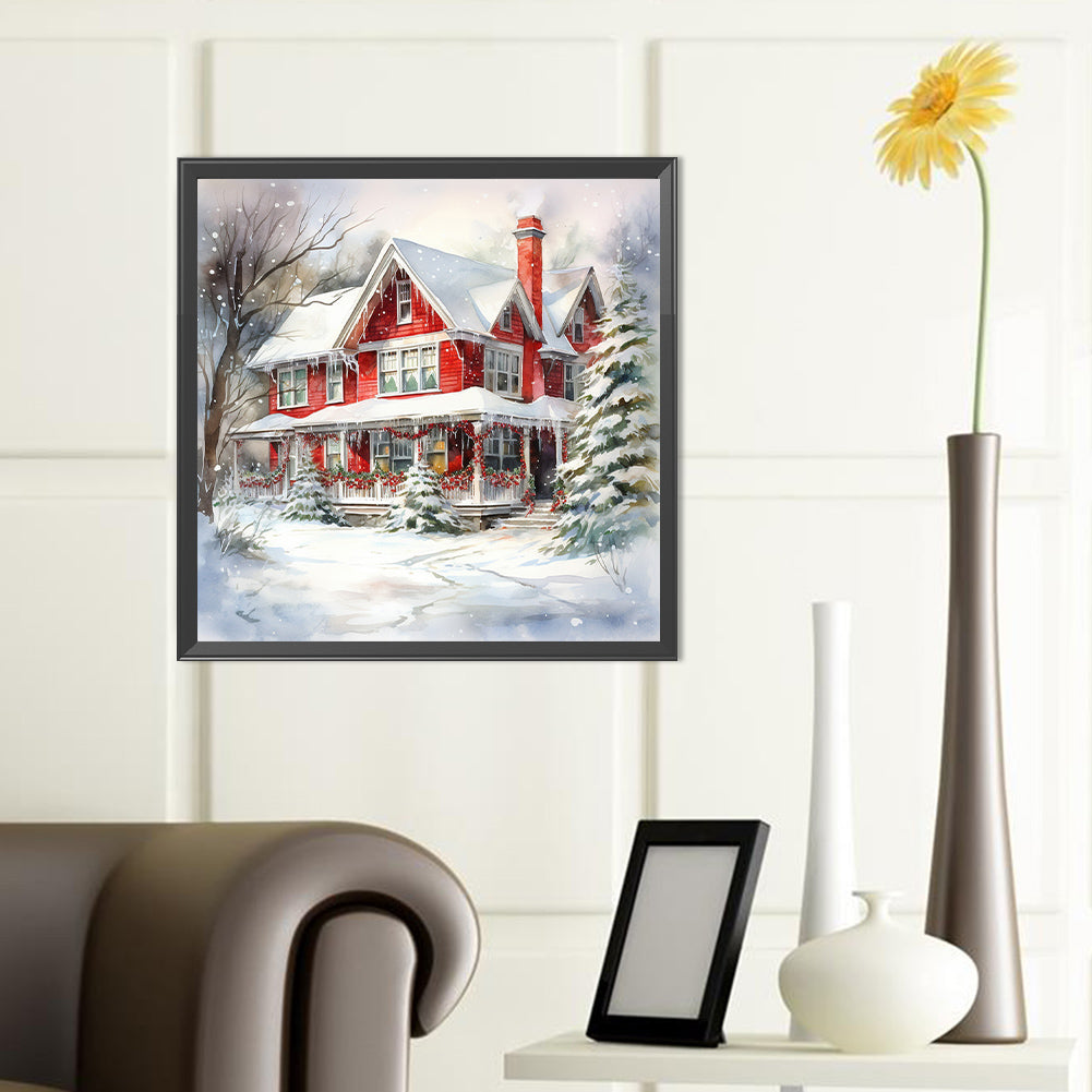 Christmas Red House In The Snow - Full Round Drill Diamond Painting 40*40CM