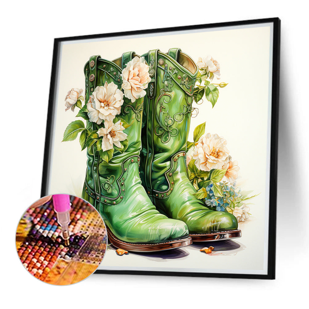 Green Boots With Flowers - Full Round Drill Diamond Painting 40*40CM