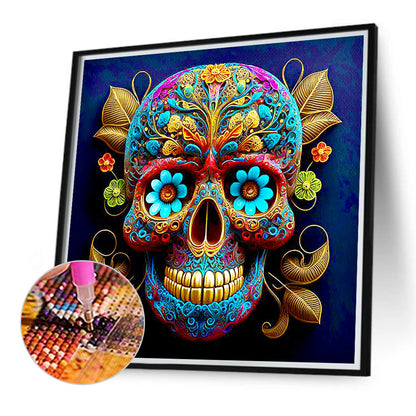 Blue Flower Vein Skull Girl - Full Round Drill Diamond Painting 40*40CM