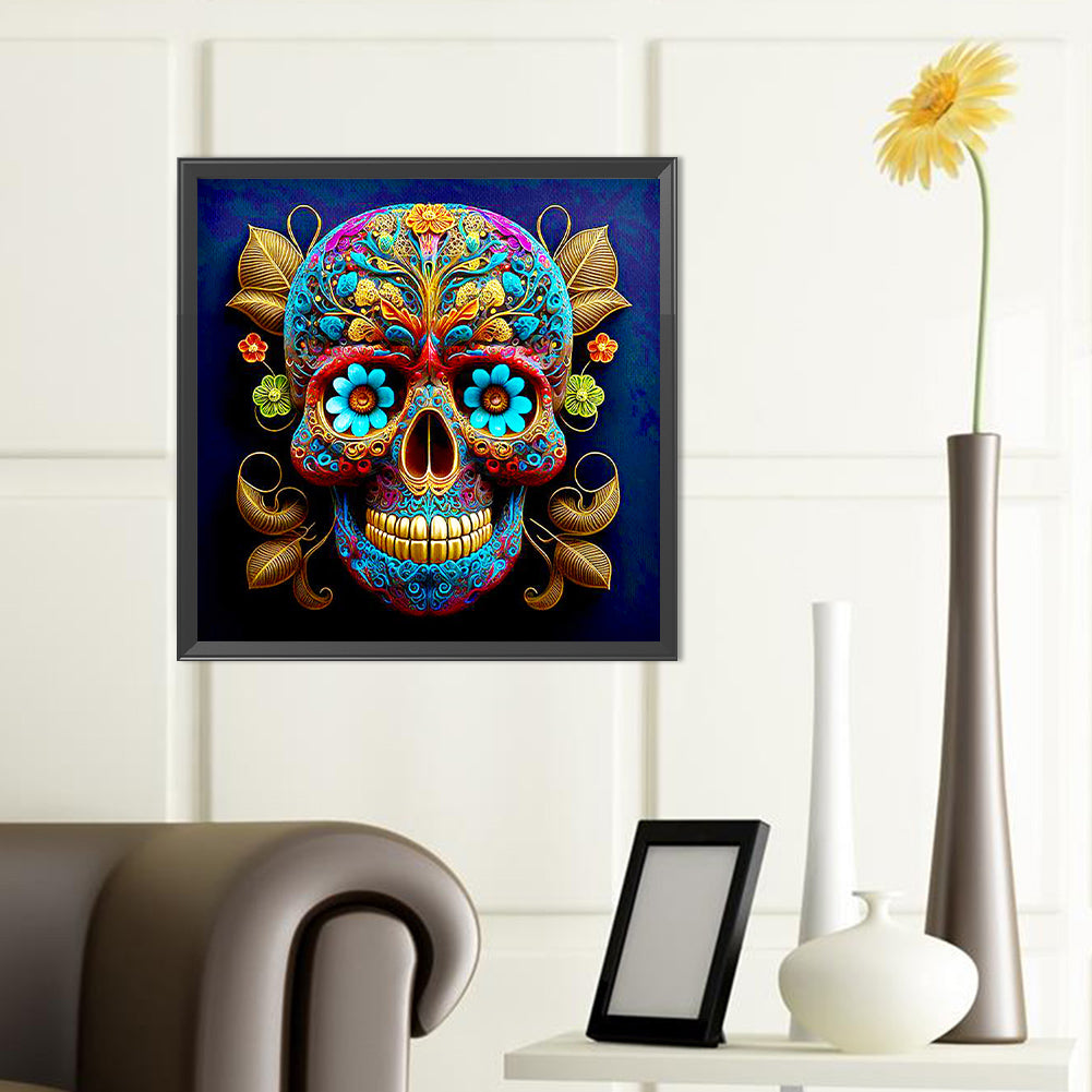 Blue Flower Vein Skull Girl - Full Round Drill Diamond Painting 40*40CM